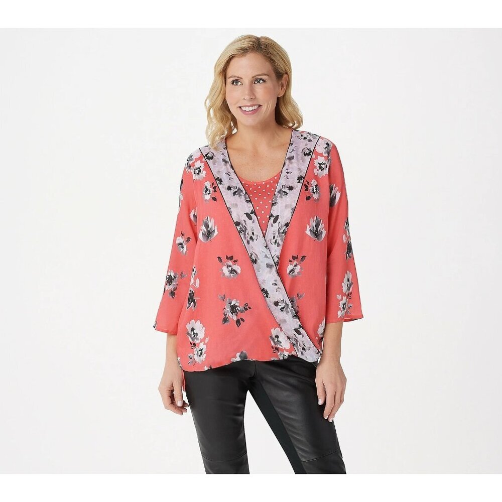 Tolani Collection Floral Twist Front Woven Top Coral Womens Size XL Boho Femme
